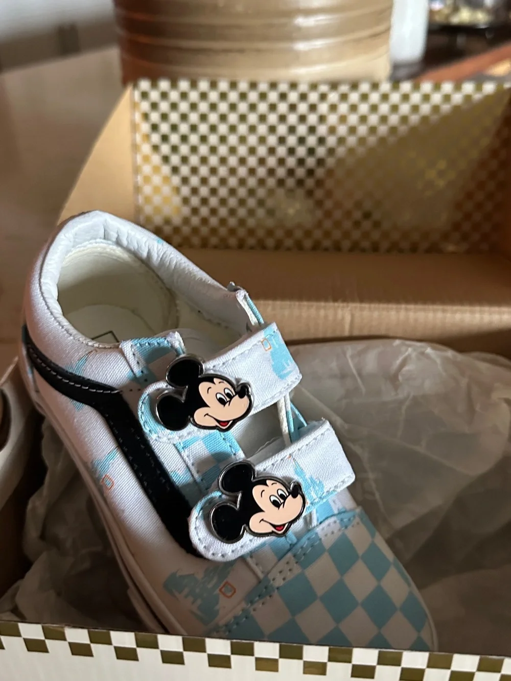Kids Mickey Mouse Blue & White Velcro VANS Sneakers — NEVER WORN, size kid 12